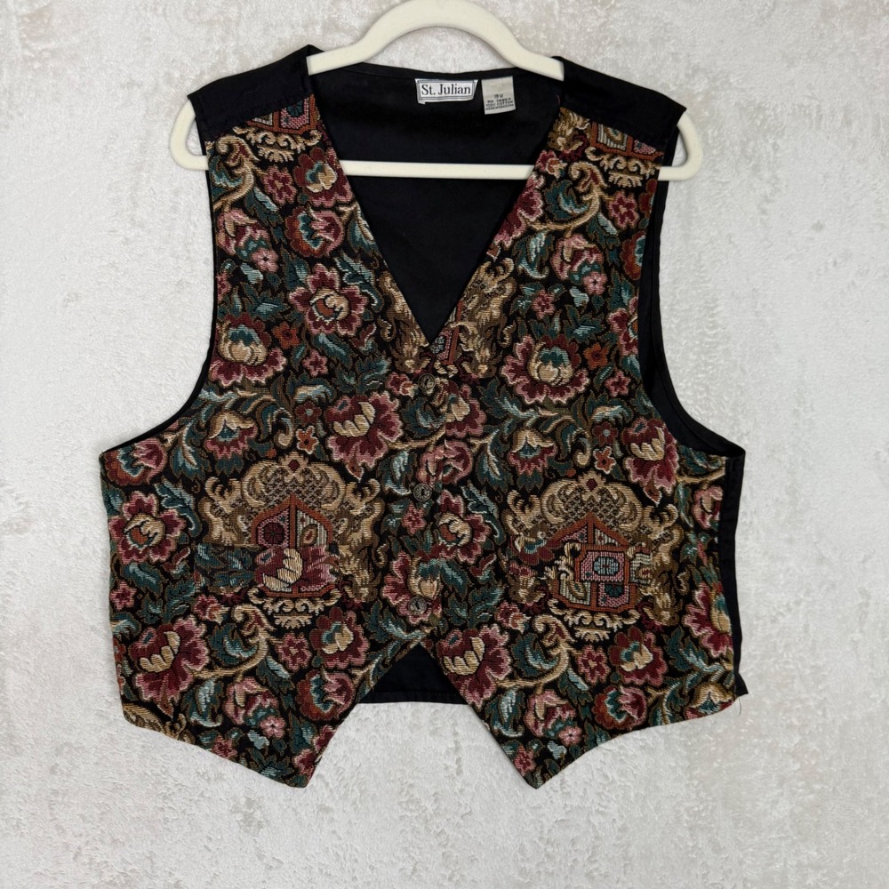 St. Julian Vintage Tapestry Floral Vest Black Multi Cotton Cinch Waist